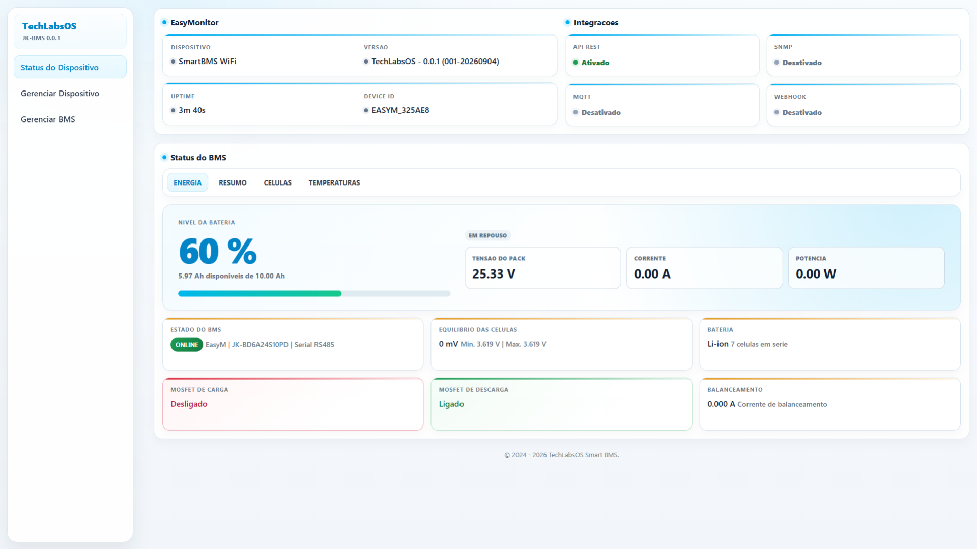 Painel de status do SmartBMS Wi-Fi
